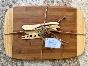 Wood boards with spreaders - 2-toned lg bamboo rectangle w/curved corners and 3 bamboo cheese knives