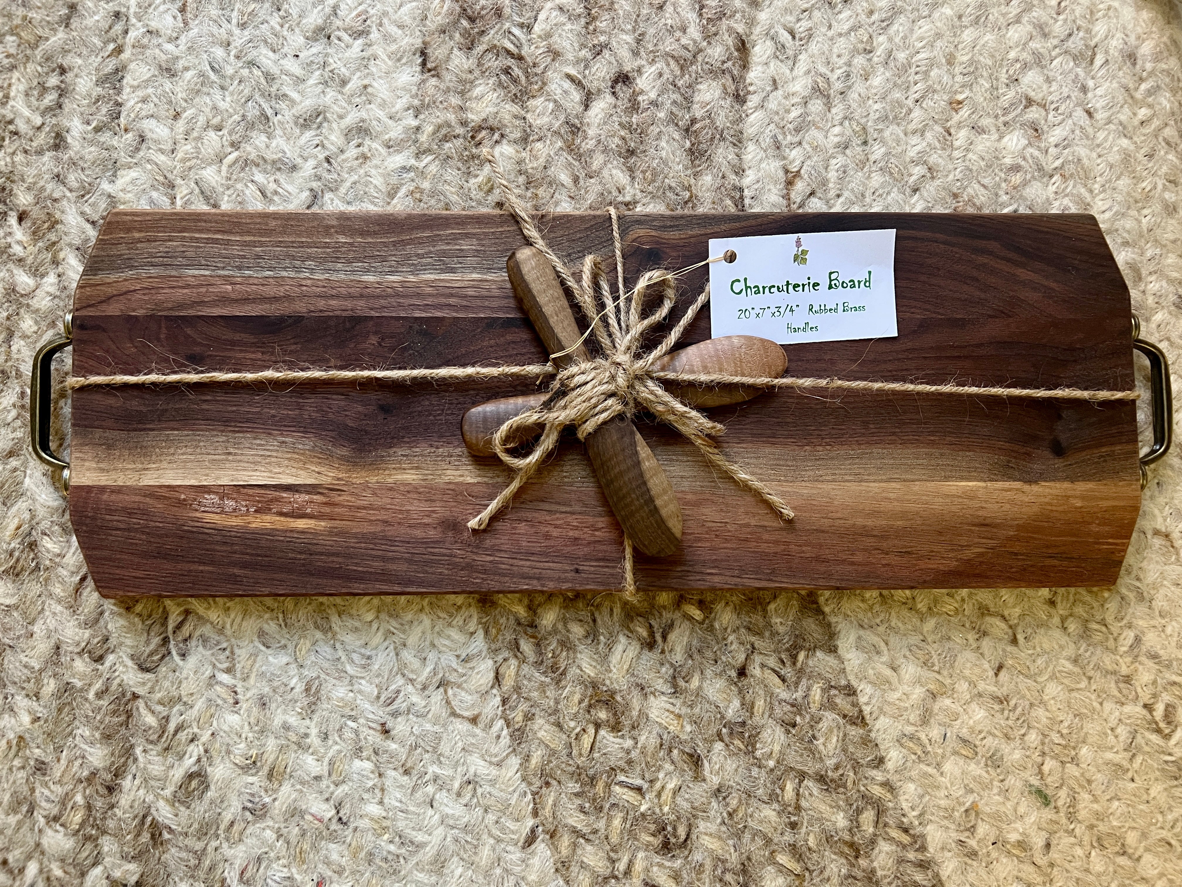 Wood boards with spreaders -  Charcuterie Board with rubbed brass handles and handcarved ebony spreaders